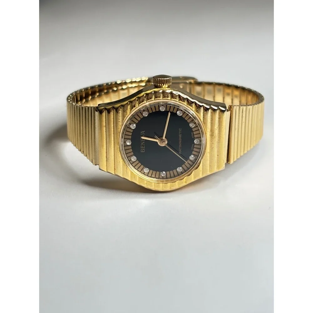 Geneva Gold Tone Antimagnetic Watch Black Dial Crystal Markers Needs battery